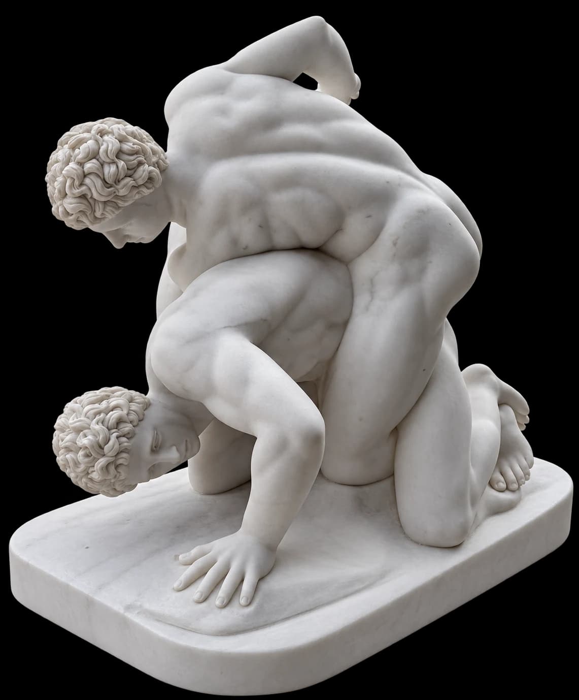 White marble sculpture of two wrestlers on a rectangular plinth