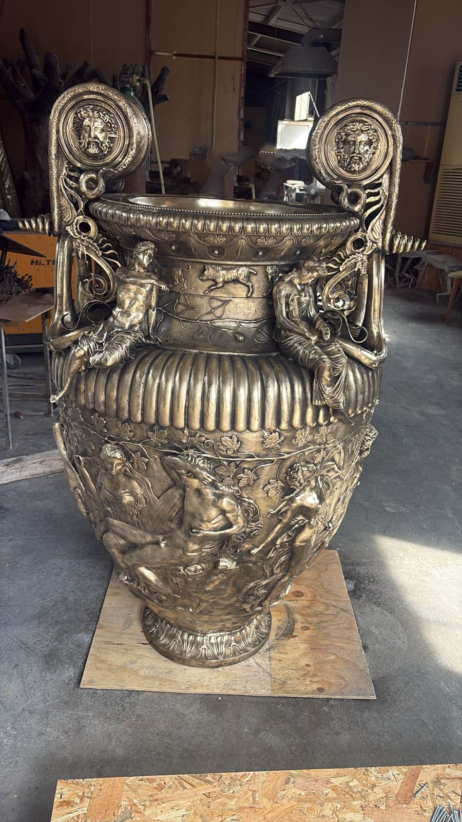 The completed Derveni Krater replica standing in the workshop